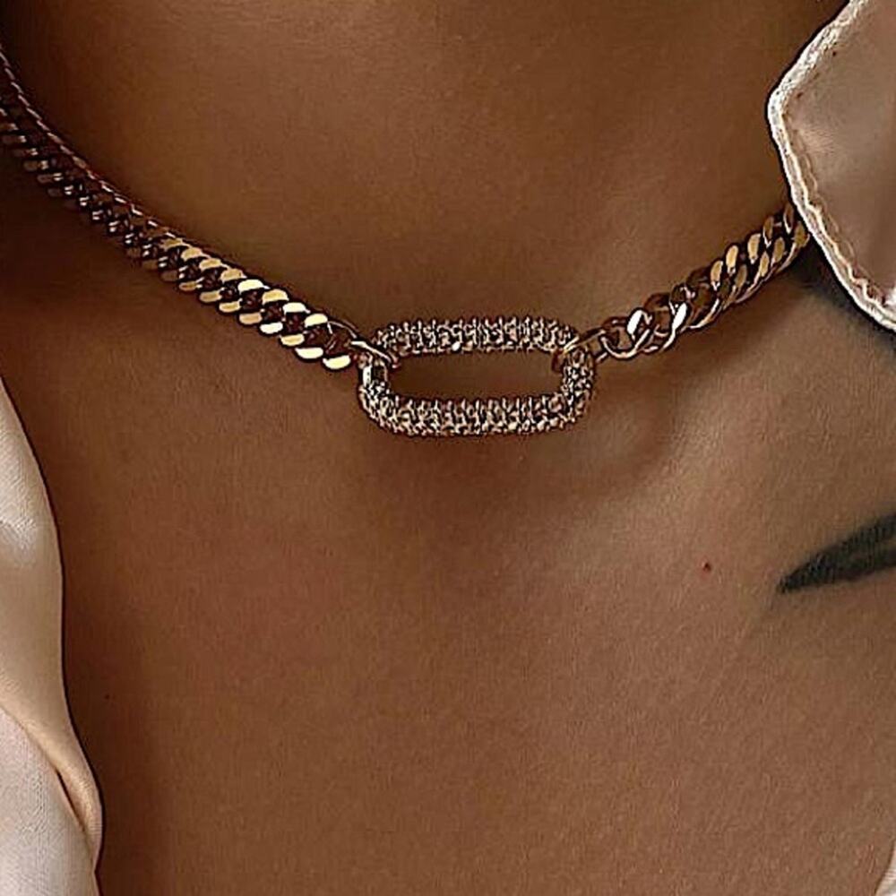 Gold Zircon Rectangular Charm Necklace Chain Link